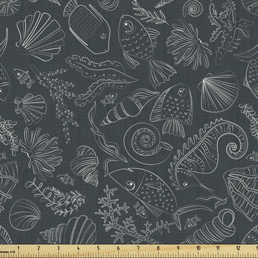 Ambesonne Nautical Fabric by the Yard Upholstery, Coral Shell Seahorse, 1 Yard, Charcoal Grey and White