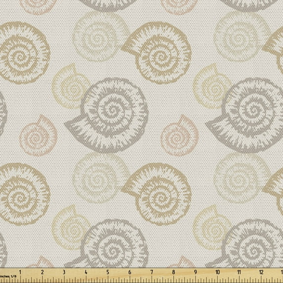 Ambesonne Nautical Fabric by the Yard Upholstery, Spiral Ammonite Shells, 1 Yard, Pale Eggshell and Multicolor