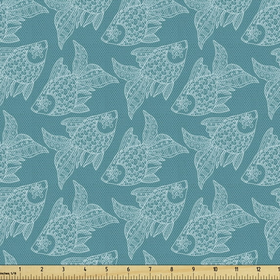 Ambesonne Nautical Fabric by the Yard Upholstery, Japanese Style Ornate Fish, 1 Yard, Pale Petrol Blue White