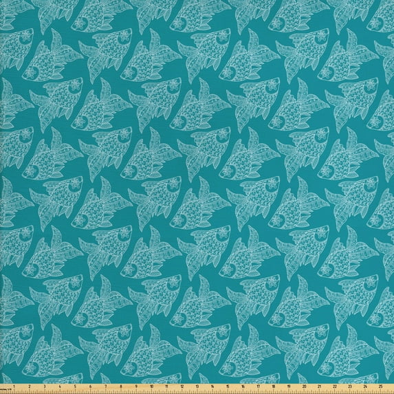 Ambesonne Nautical Fabric by the Yard Upholstery, Japanese Style Ornate Fish, 5 Yards, Pale Petrol Blue White