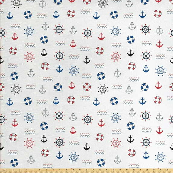 Ambesonne Anchor Fabric by the Yard Upholstery, Marine Nautical Wheel, 2 Yards, Blue and Red
