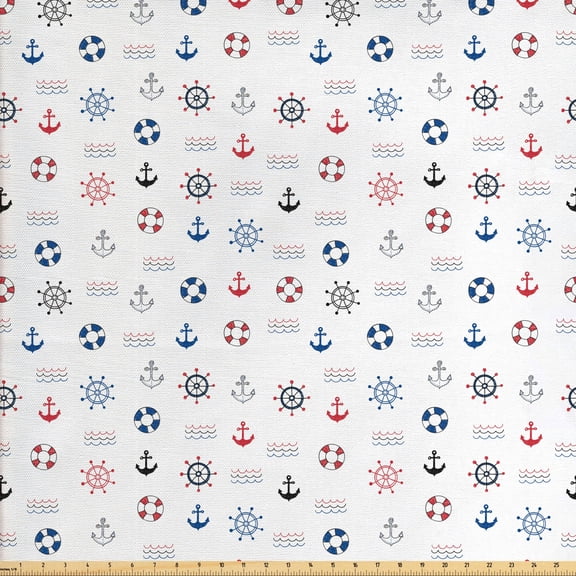 Ambesonne Anchor Fabric by the Yard Upholstery, Marine Nautical Wheel, 5 Yards, Blue and Red