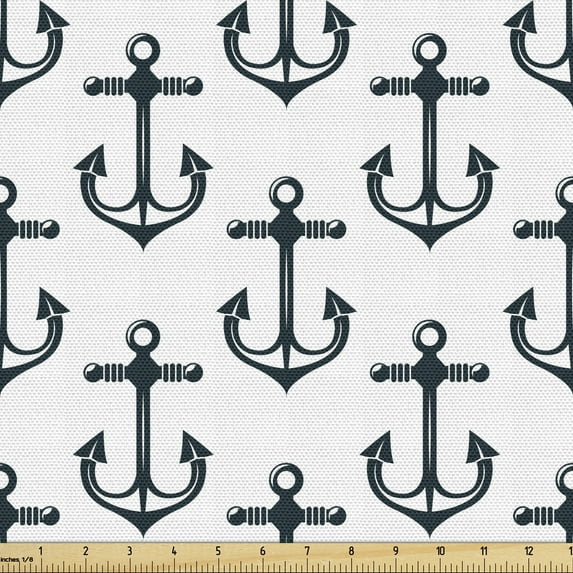 Ambesonne Nautical Fabric by the Yard Upholstery, Oceanic Themed Anchors, 3 Yards, Dark Petrol Blue and White