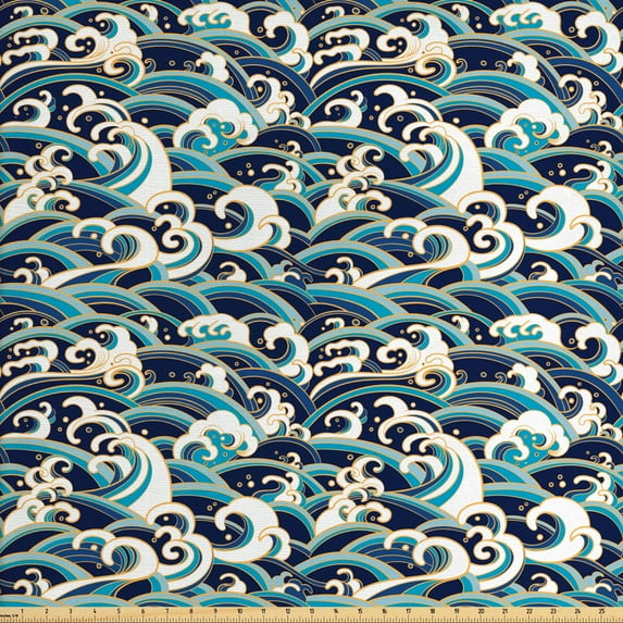 Ambesonne Nautical Fabric by the Yard Upholstery, Ocean Waves Pattern, 10 Yards, Blue and White