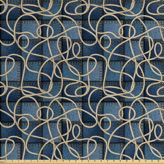 Nautical Fabric by the Yard Upholstery, Various Patches of Denim in Sea with Sailor Knot Rope on Foreground Image Art Print, Decorative Fabric for DIY and Home Accents, Blue by Ambesonne