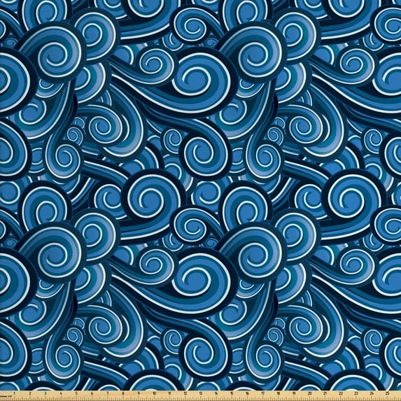 Ambesonne Nautical Fabric by the Yard Upholstery, Marine Ocean Waves, 10 Yards, Blue Dark Blue