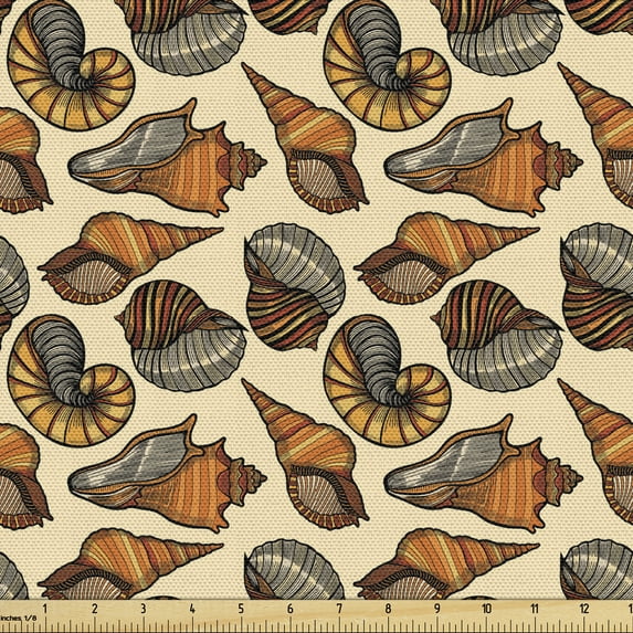 Nautical Fabric by the Yard, Vintage Art Style Image of Empty Shells from Various Sea Creatures, Decorative Upholstery Fabric for Chairs & Home Accents, Champagne and Multicolor by Ambesonne