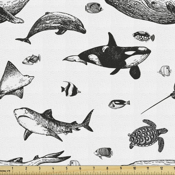 Ambesonne Nautical Fabric by the Yard Upholstery, Monochrome Style Animals, 2 Yards, Charcoal Grey White