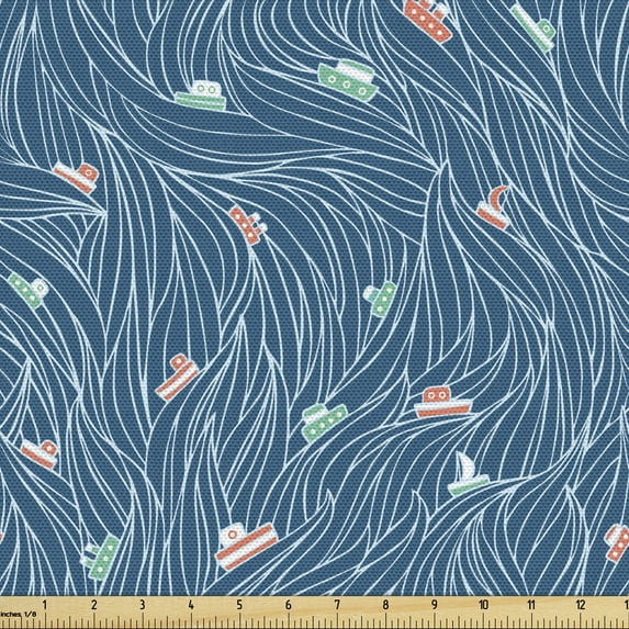 Ambesonne Nature Fabric by the Yard Upholstery, Waves and Ships Cartoon, 1 Yard, Petrol Blue Jade Green