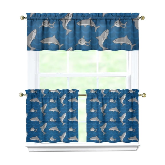 Nautical Farmhouse Curtains 3 PC Set - Cute Whale & Shark Cartoon Design, Semi-Sheer Tier + Valance (54x18 & 27.5x24 Inch), Rod Pocket Window Panels