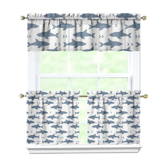 Nautical Farmhouse Curtains 3 PC Set - Cute Whale & Shark Cartoon Design, Semi-Sheer Tier + Valance (54x18 & 27.5x24 Inch), Rod Pocket Window Panels