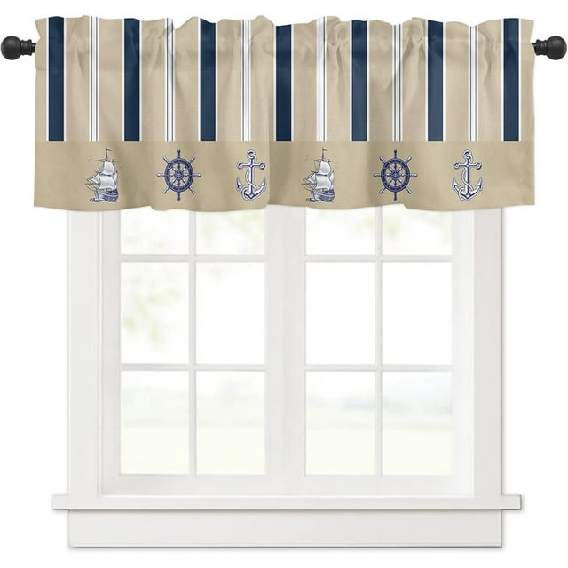 Nautical Farmhouse Short Window Curtain Valances, Navy Blue Brown Ocean