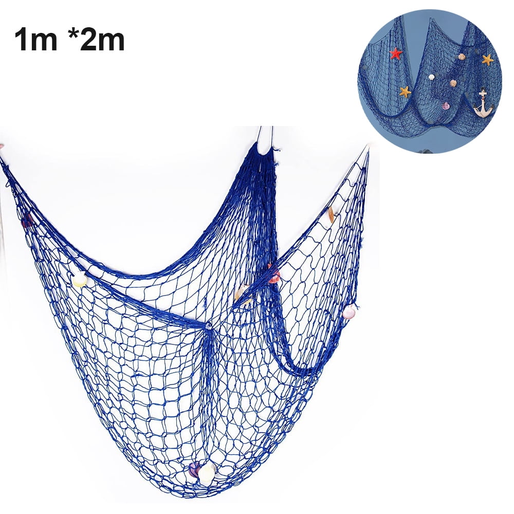 Nautical Fish Net Wall Decor Mediterranean Style Home Decorative Navy Blue  Fishing Net Ornaments Ocean Fish Netting Wall Hanging with Shells Nature