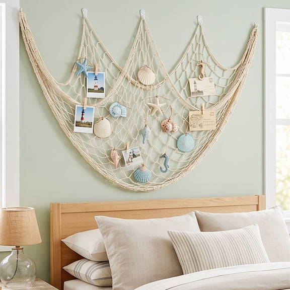 Nautical Fishing Net Wall Decor, 78.74x39.37in Decorative Mesh with Sea Animal Ornaments for Photo Display, Beach Party, Bedroom, Living Room, Coastal Home, and Nautical Wall Styling, Beige