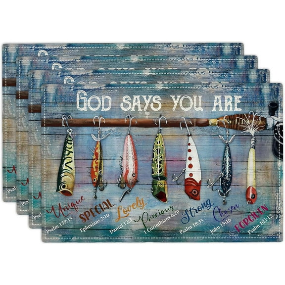 Nautical Fishing Placemats Set of 4 Fish Table Mats Washable Place Mats for Home Party Indoor Kitchen Dining Table Decoration 12x18 Inch