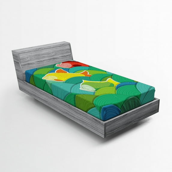 Nautical Fitted Sheet, Fishes Swimming in the Sea Waves Funky Marine Underwater Graphic, Soft Decorative Fabric Bedding, Twin Size, Multicolor, by Ambesonne