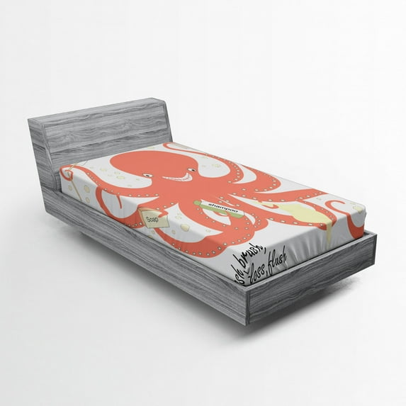 Ambesonne Nautical Fitted Sheet, Octopus Holding Sap, Twin Size, Coral Beige Green
