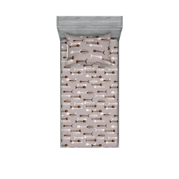 Nautical Fitted Sheet & Pillow Sham Set, Bitonal Fishbone Pattern on Mauve Tone Backplane Ocean Life Artwork, Decorative Printed 2 Piece Bedding Decor, Twin, Purple Grey and Eggshell, by Ambesonne