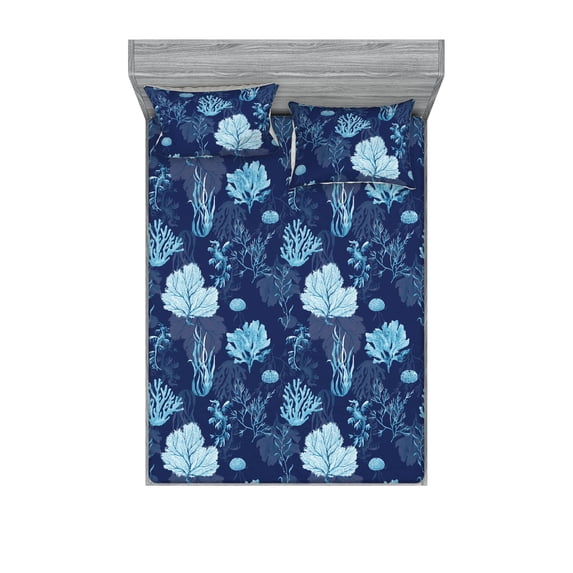 Nautical Fitted Sheet & Pillow Sham Set, Cartoon Style Corals Seaweeds Repetitive Retro Illustration Art, Decorative Printed 3 Piece Bedding Decor, King, Dark Lavender and Sea Blue, by Ambesonne