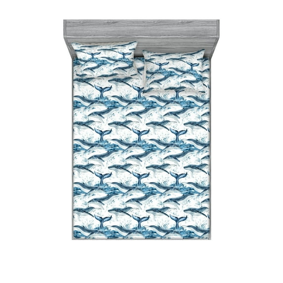 Nautical Fitted Sheet & Pillow Sham Set, Digital Drawn Whale Pattern With Ocean Waves Moby Dick Print Artwork, Decorative Printed 3 Piece Bedding Decor, Calking, Sea Blue Soft Blue White, by Ambesonne