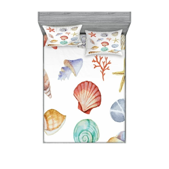 Nautical Fitted Sheet & Pillow Sham Set, Illustration of Different Seashells Scallop Mollusk Summer Exotic Creatures Animals, Decorative Printed 6 Piece Bedding Decor Set, Calking, Multi, by Ambesonne