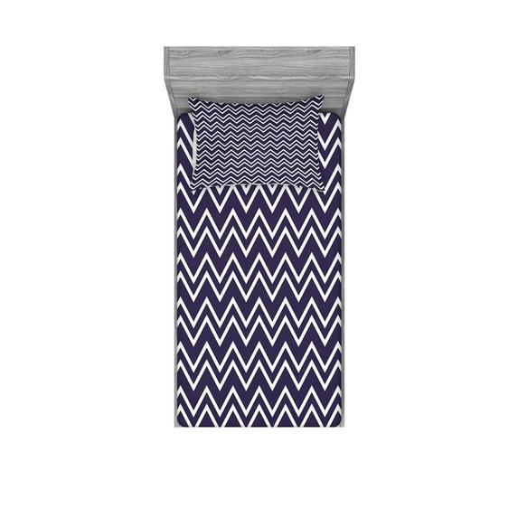 Nautical Fitted Sheet & Pillow Sham Set, Indigo Color Inspired Background with Zig Zag Patterned Modern Design Art, Decorative Printed 4 Piece Bedding Decor Set, Twin, Dark Purple White, by Ambesonne