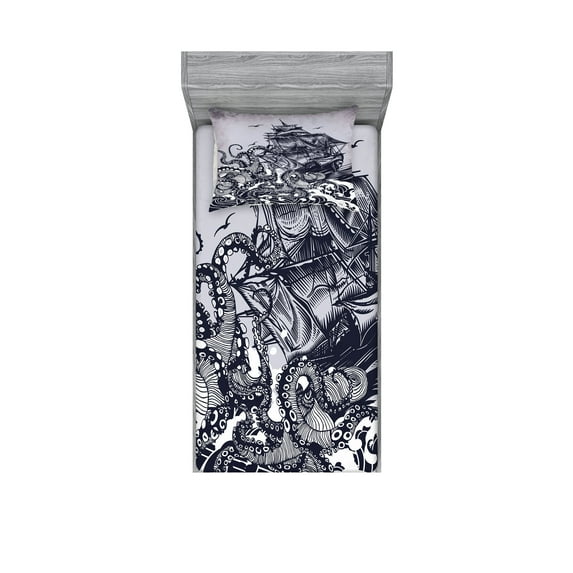 Nautical Fitted Sheet & Pillow Sham Set, Kraken Octopus Tentacles Ship Sail Old Boat in Ocean Waves, Decorative Printed 4 Piece Bedding Decor Set, Twin, Indigo Purpleblue, by Ambesonne