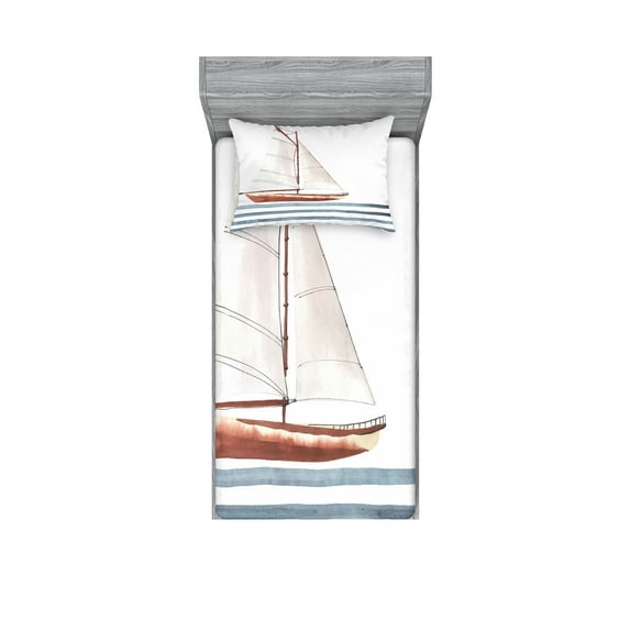 Nautical Fitted Sheet & Pillow Sham Set, Let Your Dreams Sail Words with Boat in Waves Motivation Lifestyle Print, Decorative 4 Piece Bedding Decor Set, Twinxl, Cinnamon Pale Blue, by Ambesonne