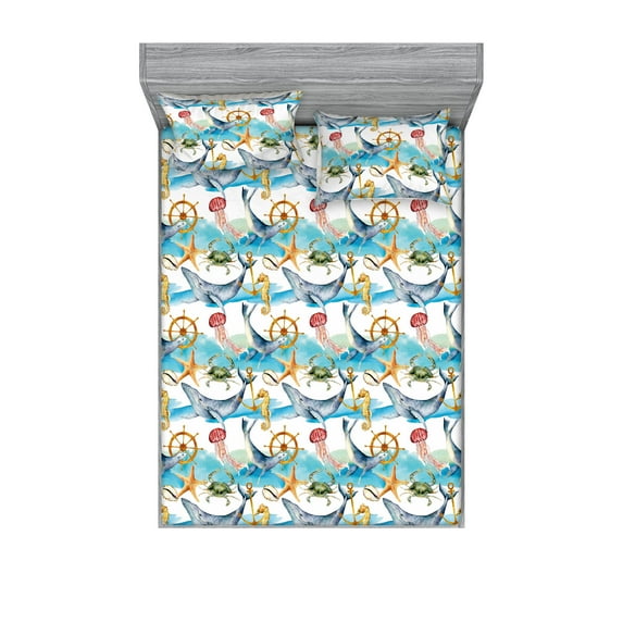 Nautical Fitted Sheet & Pillow Sham Set, Ocean Animals Themed Whale Starfish Seafish and Anchor Pattern Artwork, Decorative Printed 3 Piece Bedding Decor, Full, Burnt Sienna Sea Blue, by Ambesonne