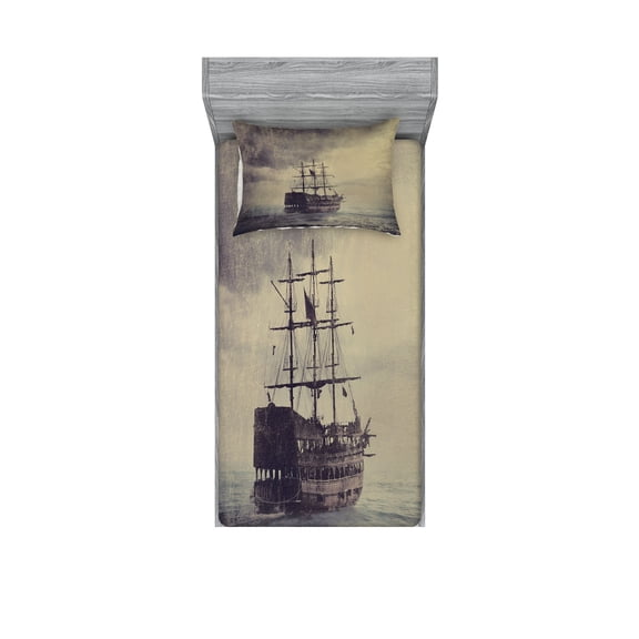 Nautical Fitted Sheet & Pillow Sham Set, Old Pirate Ship in the Sea Historical Cruise Retro Voyage Grunge Style Art, Decorative Printed 4 Piece Bedding Decor Set, Twinxl, Plum Tan, by Ambesonne
