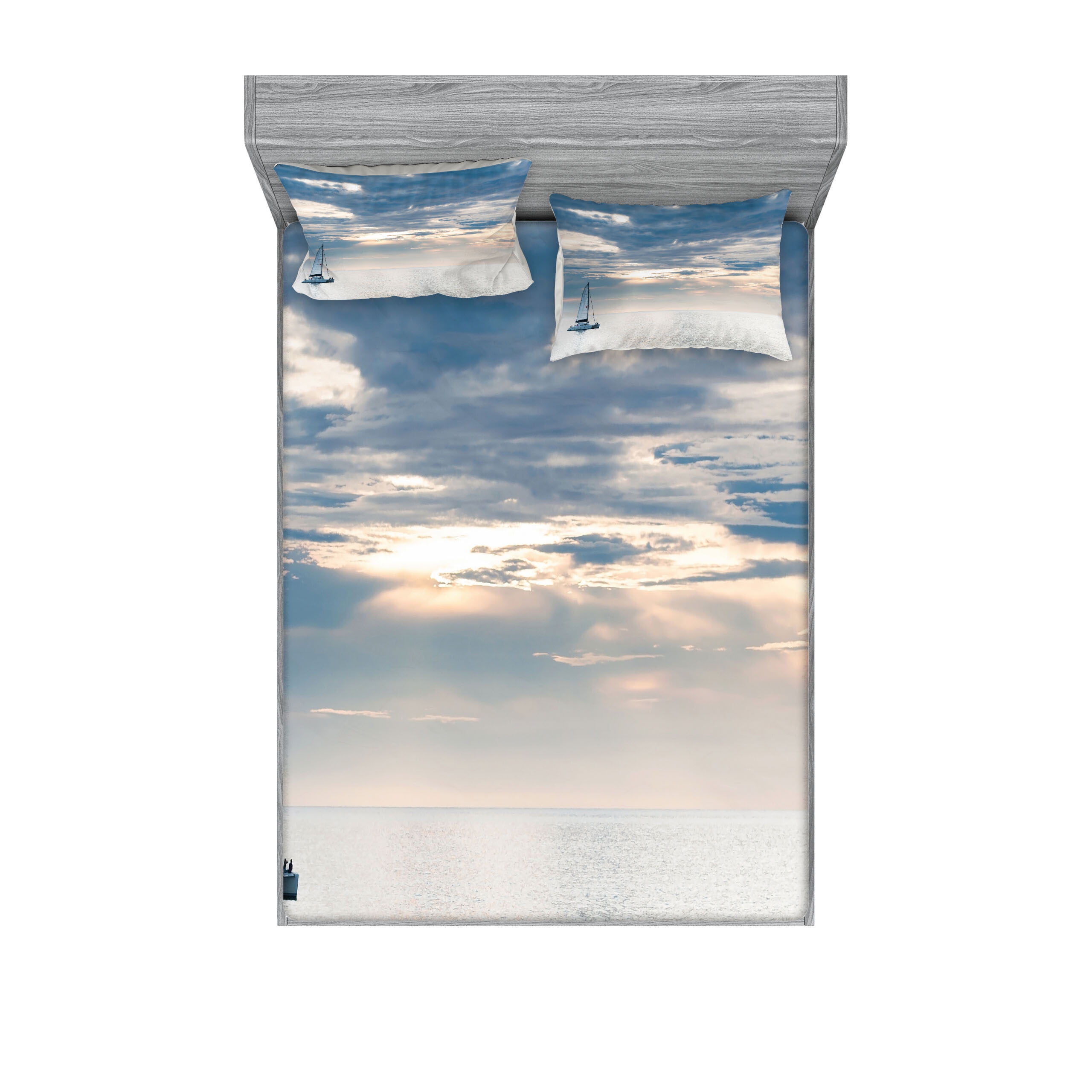 Nautical Fitted Sheet & Pillow Sham Set, Sailing Yacht in the Morning