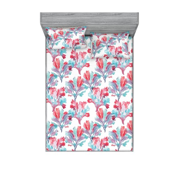 Nautical Fitted Sheet & Pillow Sham Set, Watercolor Style Repetitive Corals Illustration on Plain Back Art, Decorative Printed 3 Piece Bedding Decor, Calking, Dark Salmon and Pale Blue, by Ambesonne