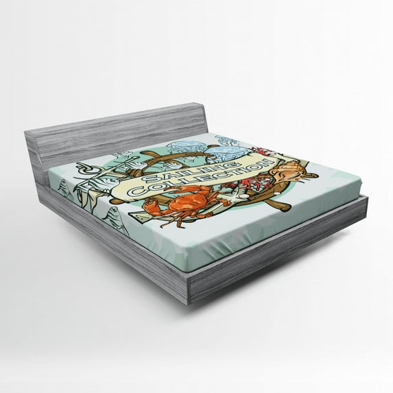 Nautical Fitted Sheet, Sailing Theme Retro Old Times Fisherman Ribbon Fishing Sea Food Crab, Soft Decorative Fabric Bedding, Full Size, Mint Green Multicolor, by Ambesonne
