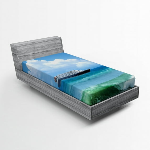 Ambesonne Nautical Fitted Sheet, Waves Ship Travel, Twin XL Size, Blue