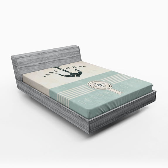 Nautical Fitted Sheet, Vintage Marine Design for Ocean Lovers Anchor Compass and Stripes, Soft Decorative Fabric Bedding, Queen Size, Seafoam Black Beige, by Ambesonne