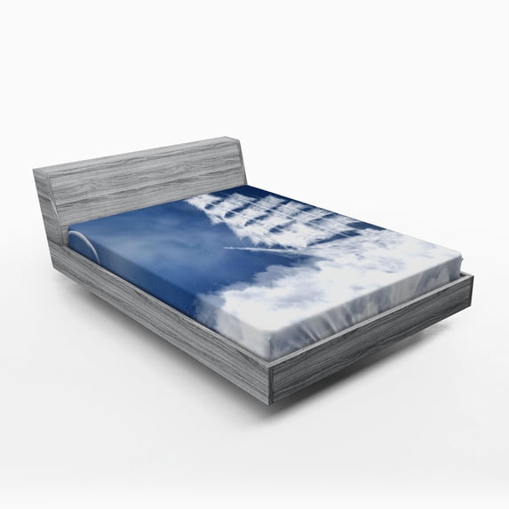 Nautical Fitted Sheet, Yacht in the Ocean Madend Shaped with Fluffy Cloudstmospheric Imaginary Sky, Soft Decorative Fabric Bedding, Full Size, Blue White, by Ambesonne