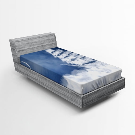 Nautical Fitted Sheet, Yacht in the Ocean Madend Shaped with Fluffy Cloudstmospheric Imaginary Sky, Soft Decorative Fabric Bedding, Twin Size, Blue White, by Ambesonne