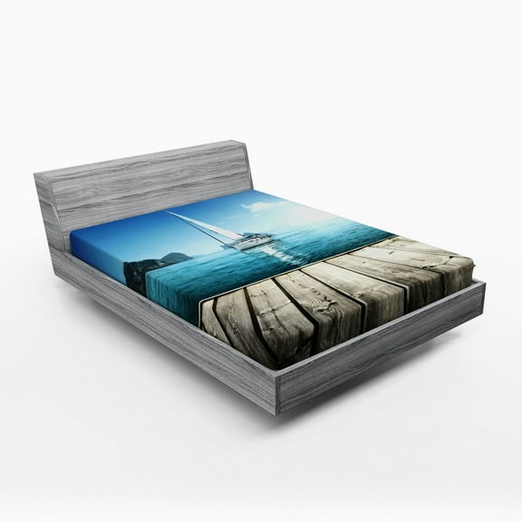 Ambesonne Nautical Fitted Sheet, Yacht and Wooden Deck, Full Size, Blue Brown