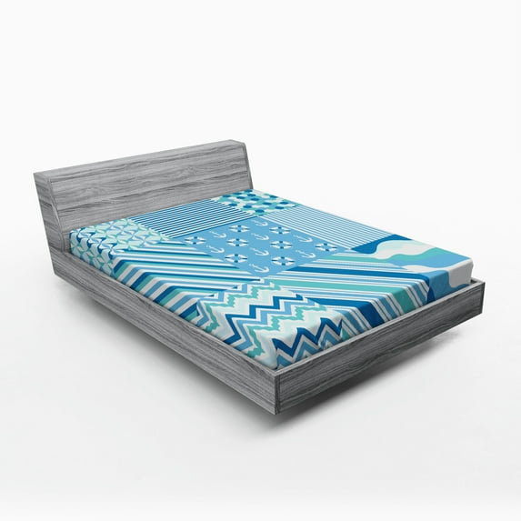 Ambesonne Chevron Fitted Sheet, Zigzags Wavy Anchor, Full Size, Turquoise Teal Blue