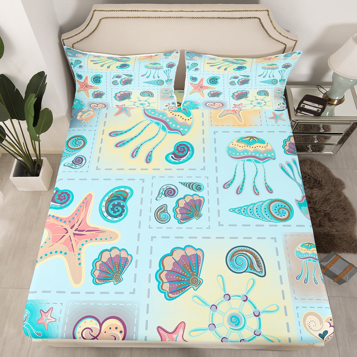 Nautical Fitted Sheet Ocean Jellyfish Queen Bed Sheets for Boys Kids