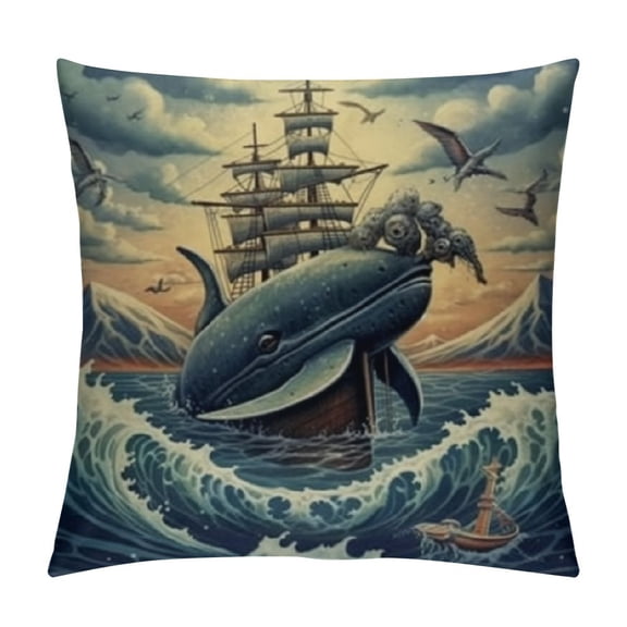 Nautical Flannel Fleece Pillow Cushion Cover, Marine Themed Print of Anchor Whale Waves Shells Starfish and Seagull, Decorative Square Accent Pillow Case, Indigo and Dark Salmon