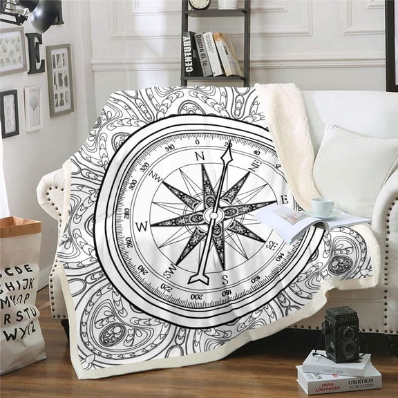 Nautical Fleece Throw Blanket Vintage Compass Sherpa Blanket Ocean Adventure Plush Blanket Sea Fuzzy Blanket Throw 60"x80"