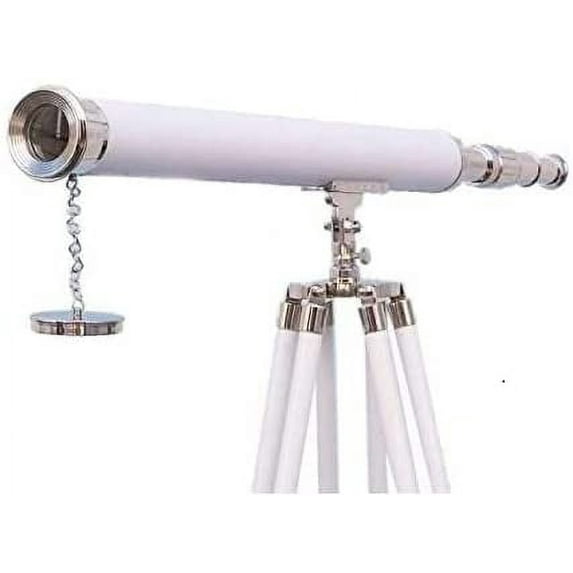 Nautical Floor Standing Nickle with White Leather Harbor Master Telescope 18" with Free Mercury Vase