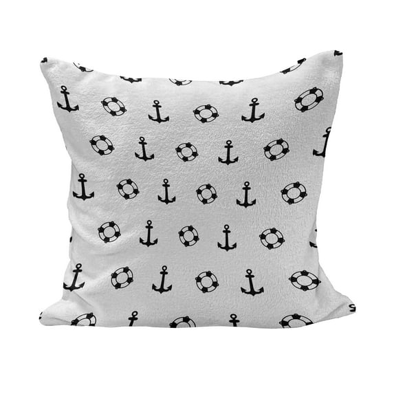 Nautical Fluffy Throw Pillow Cushion Cover, Maritime Theme Objects Anchors and Pattern Navy Ocean High Seas, Decorative Square Accent Pillow Case, 18" x 18", Black and White, by Ambesonne