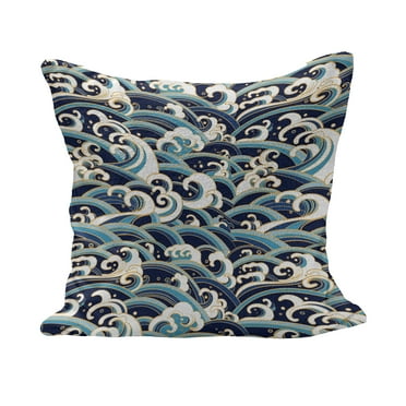 Nautical Fluffy Throw Pillow Cushion Cover, Traditional Oriental Style Ocean Waves Pattern Foam and Splashes Print, Decorative Square Accent Pillow Case, 16" x 16", Blue and White, by Ambesonne