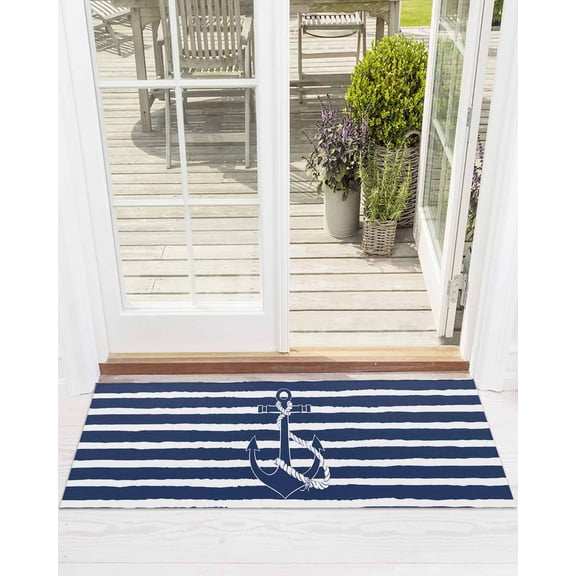 Nautical Front Door Mat Navy Blue and White Striped Retro Anchor Welcome Doormat Indoor Outdoor Entrance Floor Mat Non-Slip Washable Runner Rug for Front Porch Decor 20x63 Inch
