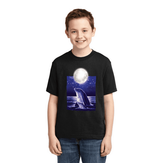 Nautical Full Moon Bottlenose Dolphin Animal Lover Boys Graphic Youth T-Shirt