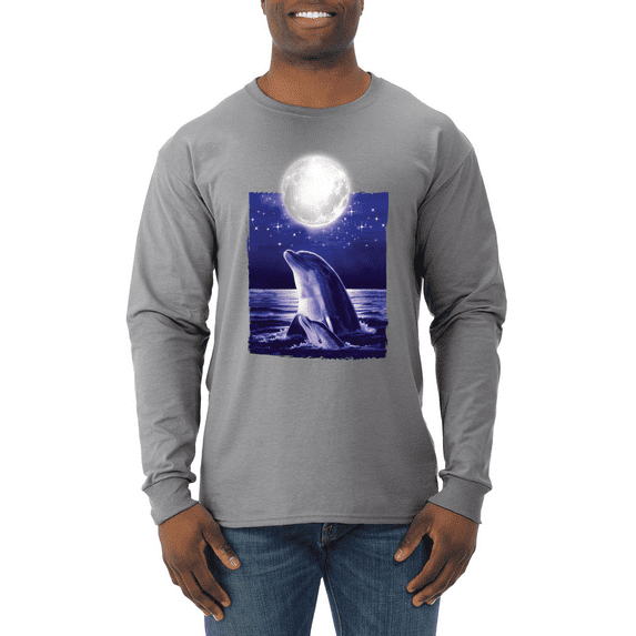 Nautical Full Moon Bottlenose Dolphin Animal Lover Mens Long Sleeve Shirt