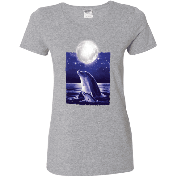 Nautical Full Moon Bottlenose Dolphin Animal Lover Womens Graphic T-Shirt