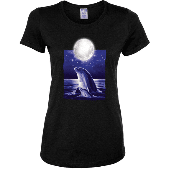 Nautical Full Moon Bottlenose Dolphin Animal Lover Womens Graphic T-Shirt